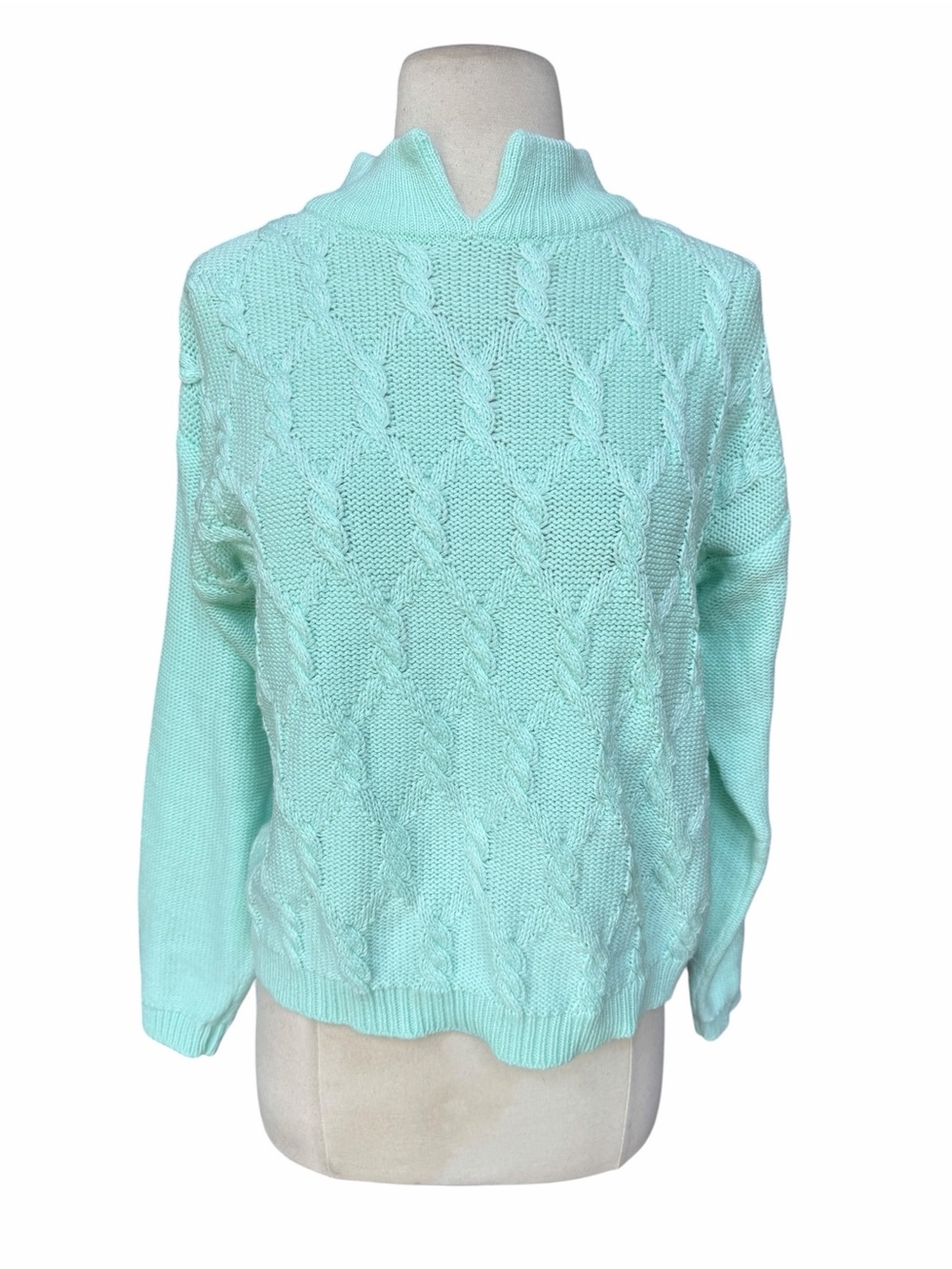 1980s/90s The American Line by Stefano Mint Green Cable Knit Notched Mock-Neck